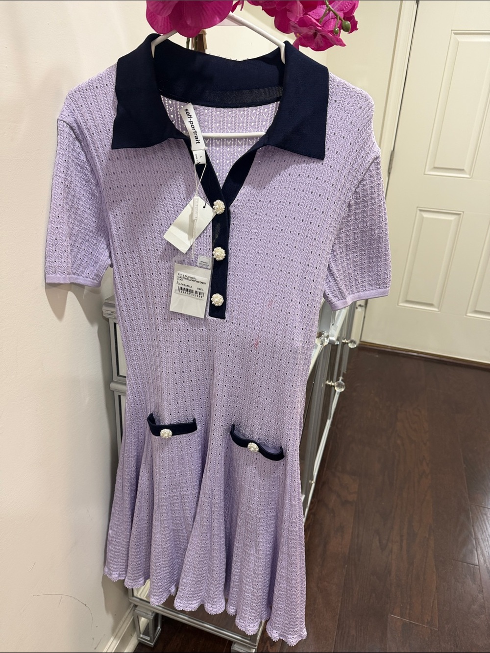 Self portrait Lilac Knit Polo Dress with Navy Trim